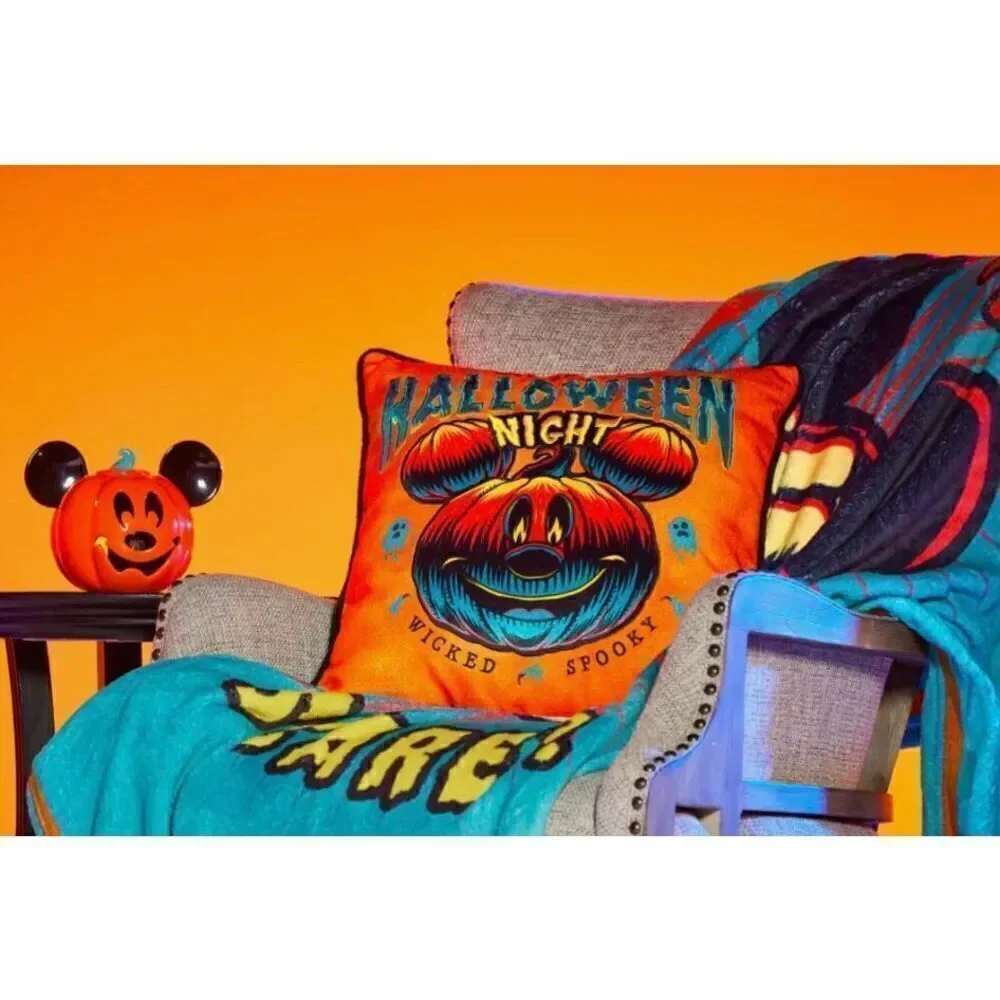 Disney Parks Mickey Mouse Halloween Night Jack-o'-Lantern Orange & Black Pillow